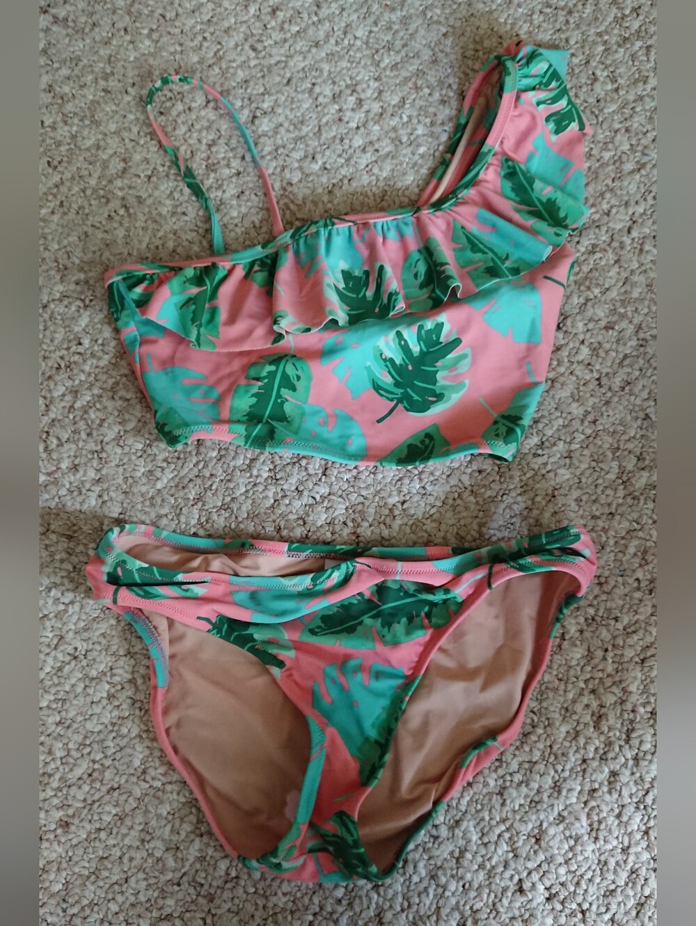 J. Crew CREWCUTS Pink & Green Tropical Leaf Two-Piece Swimsuit size 12-14